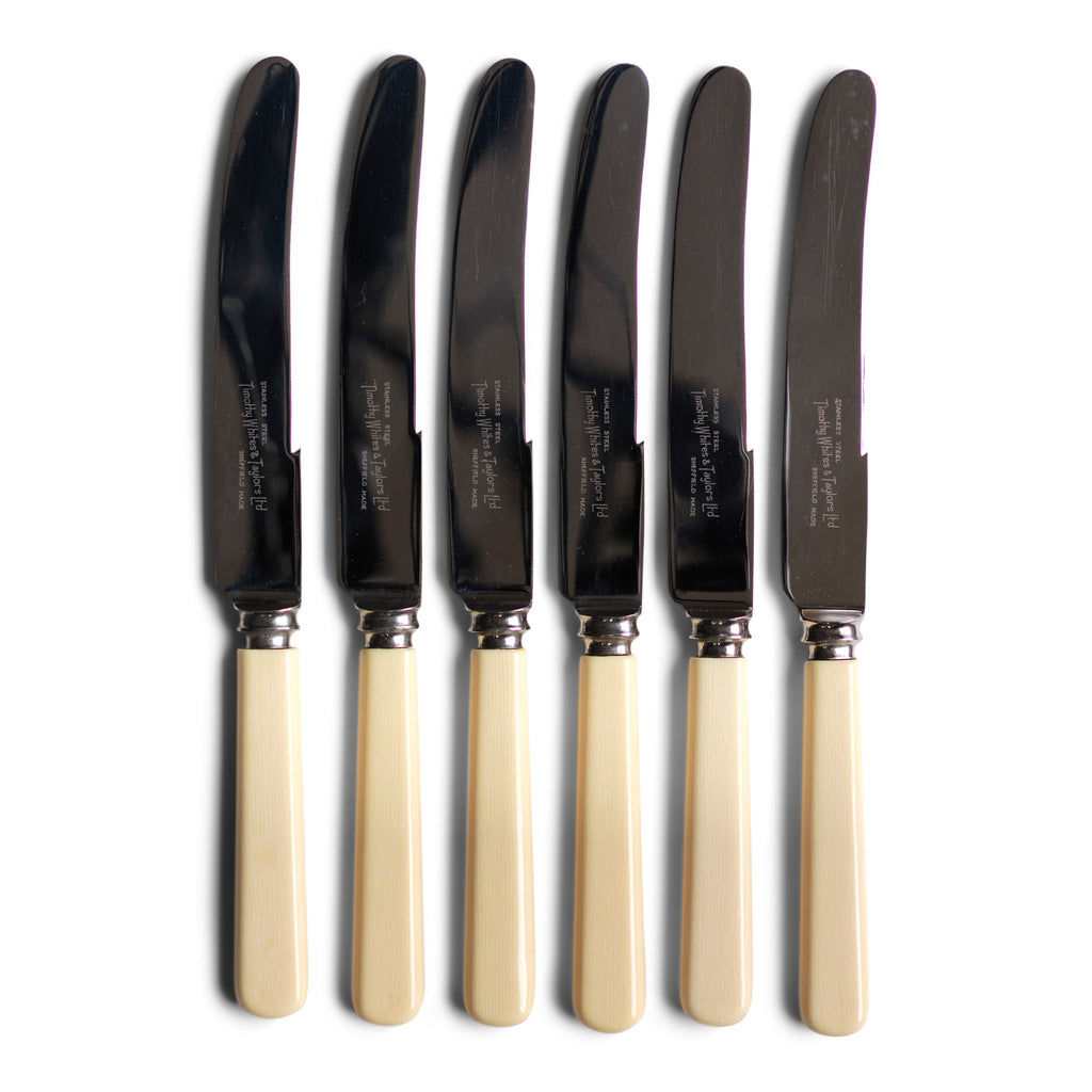 A set of 6 vintage bone handle dinner knives, each blade marked "Timothy Whites & Taylors Ltd Sheffield".