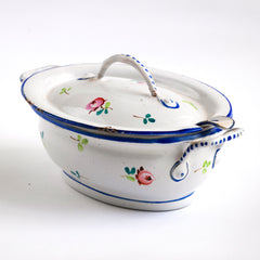A wonderful, rare antique doll's enamel dinner service decorated with rose buds and leaf sprigs, and each piece finished with a blue trim; very much in tune with the current trend "cottage core", an aesthetic which celebrates an idealised rural life. This is part of an extensive collection of miniature enamel kitchen ware, previously owned by the late miniaturist specialist and collector extraordinaire Joan Dunk.