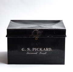 A beautifully proportioned sign-written document tin with twin carrying handles, hinged lid, original sign-written lettering and black paint finish. It once held important wills, papers and effects of the deceased, and was unearthed from the vaults of a vacated Clerkenwell solicitors Victorian offices in London. 