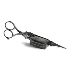 A Georgian polished carbon steel candlewick trimmer with a beautifully crafted and fully working extinguisher box.