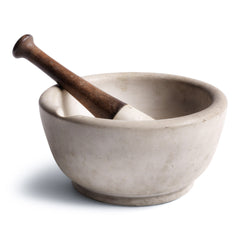 An apothecary's mortar & pestle, of generous size, weighing in at 4.3kg, and dating to the turn of the last century. The mortar and the tip of the pestle is made out of vitrified porcelain, making it durable and very tactile. The pestle has a turned wood handle which has seen the hands of many, crushing powders and tablets for over a century, resulting in a beautifully aged patina.  Underneath it is stamped "Warranted acid proof 3 8 ".