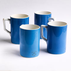 A collection of George V pint measure pub mugs.  Made by Pountney & Co. Ltd. of Bristol, these rare Edwardian 1 pint mocha ware pub mugs were once common in late nineteenth century/early twentieth century pubs. They are glazed in an intense sky blue and the watermark on the side (see images) is the stamp for King George V - a crown flanked by the letters G and R, George Rex.