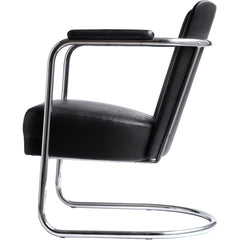 An elegant and rare tubular steel modernist armchair attributed to PEL (Practical Equipment Ltd) with continuous tubular chrome frame and horseshoe cantilever base. The chromium plated steel wraps around the back and forms the armrests, and it is upholstered in its original black leatherette.