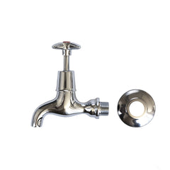 A handsome pair of wall-mounted chrome plated bib taps, each marked with a red and blue dot to denote the hot and the cold. 