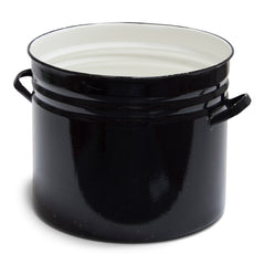 An extra-large industrial black and cream enamel pan that would make a wonderful wastepaper bin, workshop dustbin or shed tidy for holding potting compost or all those bits and bobs that need a handsome home. It also makes a stunning houseplant pot holder.