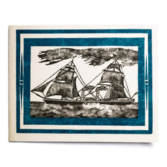 Vintage boat Christmas card. We have sourced a small quantity of these very rare original vintage hand block-printed Christmas cards designed by Robert Lobley and printed at The Magpie Press in the 1960s.