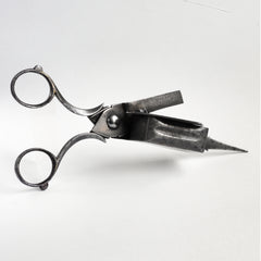 A Georgian polished carbon steel candlewick trimmer with a beautifully crafted and fully working extinguisher box.