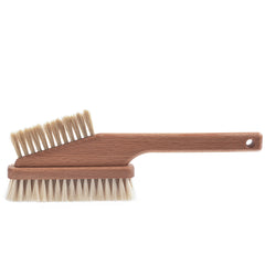 A computer cleaning brush with a long wooden handle and two types of bristles, soft and stiff, for cleaning laptops and other office equipment.