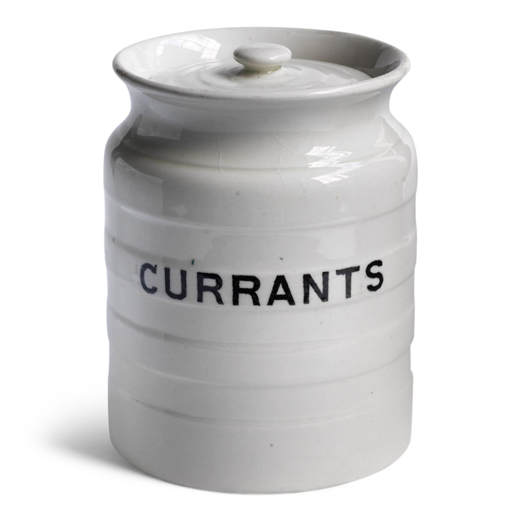 A handsome 1920s ironstone food canister with lid, banded body, and striking "Currants" typeface - and it is in wonderful condition. 