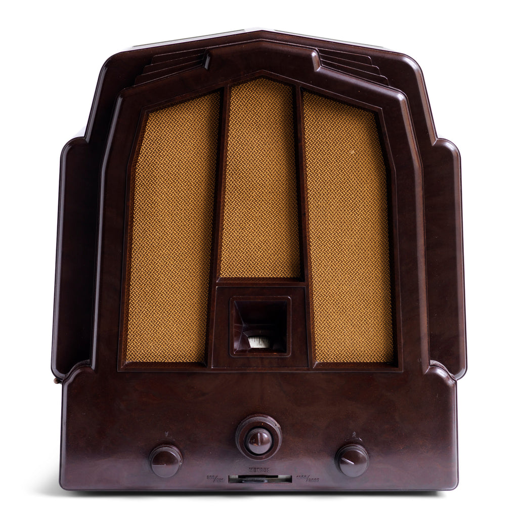 A magnificent and superb condition EKCO M23 radio with Bakelite case, designed by J K White of EKCO in 1932 and manufactured by E.K.Cole Ltd. from 1933. Its clean-lined, modern architectural shape reminds us of an Art Deco building.