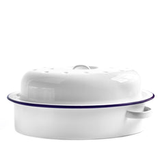 A white enamel oval roasting dish with cover