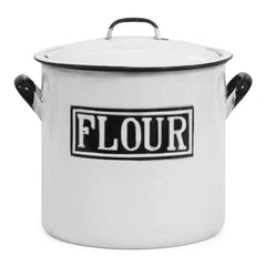 A handy-sized black and white vintage enamel flour bin with original lid and striking "Flour" typeface encased in a double rectangular border.
