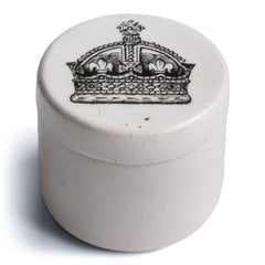 A rare Edwardian ironstone ointment pot with over-glazed transfer print of a decorative crown - and in immaculate condition. This fabulous tiny transfer-ware ointment pot or crock dates to the turn of the century, and is marked "Made in England" to its underside.
