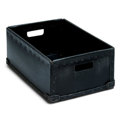 Vintage factory bin constructed from black vulcanised (toughened) fibre-board and fitted with an internal aluminium frame and rivets for extra rigidity. The base has two wooden runners attached to its underside, so the bin can be slid without wear.