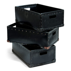 Vintage factory bins constructed from black vulcanised (toughened) fibre-board and fitted with internal aluminium frames and rivets for extra rigidity. The base of each has two wooden runners attached to its underside, so the bin can be slid without wear.