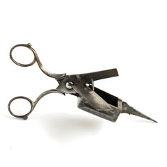 A Georgian polished carbon steel candlewick trimmer with a beautifully crafted and fully working extinguisher box.