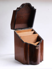 A very handsome George III mahogany veneered knife box with flower basket oval inlay on the slope of its lid. The serpentine front is banded in satinwood, and it has a compass star decoration with rope cross-banded inlay applied to the underside of its lid. The base is felt baize covered, and it has a copper escutcheon and matching lid pull.