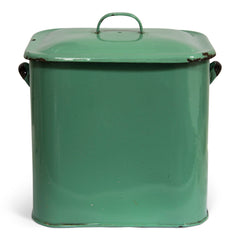A very pleasing 1930s rectangular green enamel bread bin with rounded corners and original lid. The handles are tipped in black enamel.