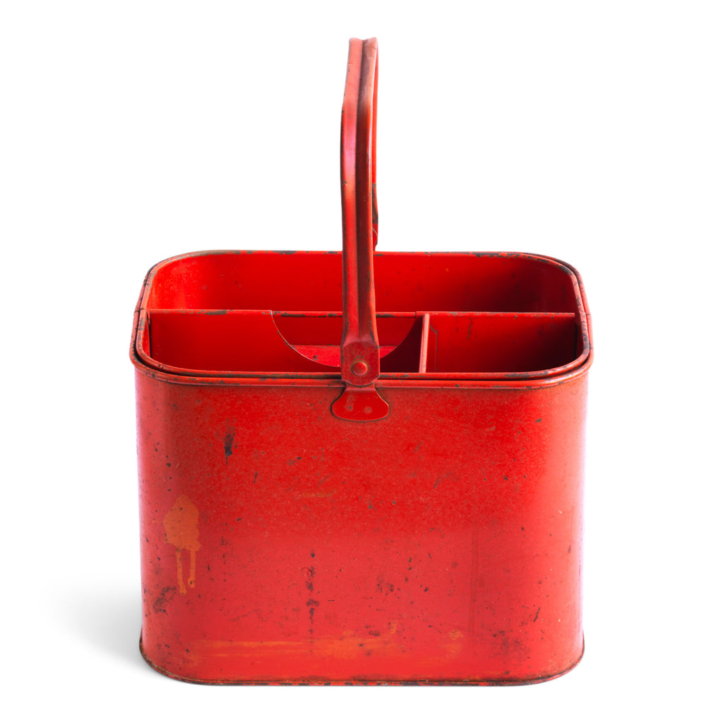 A fabulous vintage housekeeper's tidy manufactured by the famous Tala brand and most likely dating to the 1930s. It has its original orange-red paint, internal tray and a pivoting handle. The underside of its base is stamped "Tala Made In England".