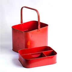 A fabulous vintage housekeeper's tidy manufactured by the famous Tala brand and most likely dating to the 1930s. It has its original orange-red paint, internal tray and a pivoting handle. The underside of its base is stamped "Tala Made In England".
