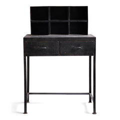 A mid-century industrial post office sorting desk constructed from black powder-coated steel.  It has a pigeon-hole back and twin drawers, and would make an ideal kitchen work table, workshop or office desk where standing, rather than sitting, is your preference.