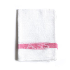 A linen tea towel with a red stripe suitable for drying glass.