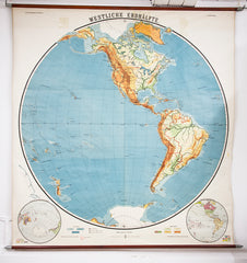 A stunning school room map of the western hemisphere, the Americas, by early twentieth century wall chart makers Hilmer Klasing & Co of Leipzig, Germany. It is one of a geographical series in their Wandkarten collection, and is one of the largest maps they made. 
