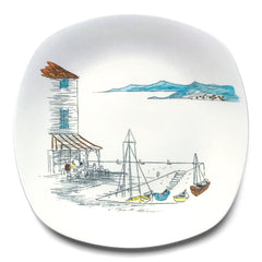 A wonderful mid-century Cannes pattern plate designed in 1954 by the celebrated architect and designer Sir Hugh Casson for Midwinter potteries.  The reverse side of the plate is stamped "Cannes Drawings by Hugh Casson a genuine hand engraving permanent acid resisting underglaze colours by Midwinter Stylecraft Satffordshire England Fashion Shape".