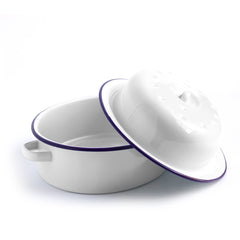 An oval white enamel roasting dish with cover