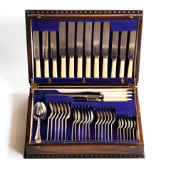 A complete 1930s silver plated 43 piece canteen of cutlery by "Oliver & Bensley Ltd Cutlers & Silversmiths Sheffield". The set is for 6 place settings and is housed in its original blue felt lined box.