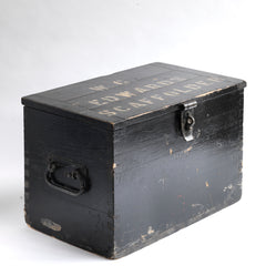 A very handsome black painted box with "W C Edwards Scaffolder" stencilled upon the lid. Simple, yet full of lovely details, this charming scratch-built  box has a hasp with swivel lock, drop handles, dove-tailed corners, and inside, a small division on the lefthand side. Compact, neat and tidy, it's perfect for tools and craft storage.