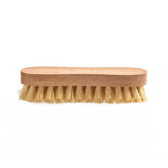 A handy small scrubbing brush with four stout rows of all-natural and tampico bristles affixed to a beech wood handle.