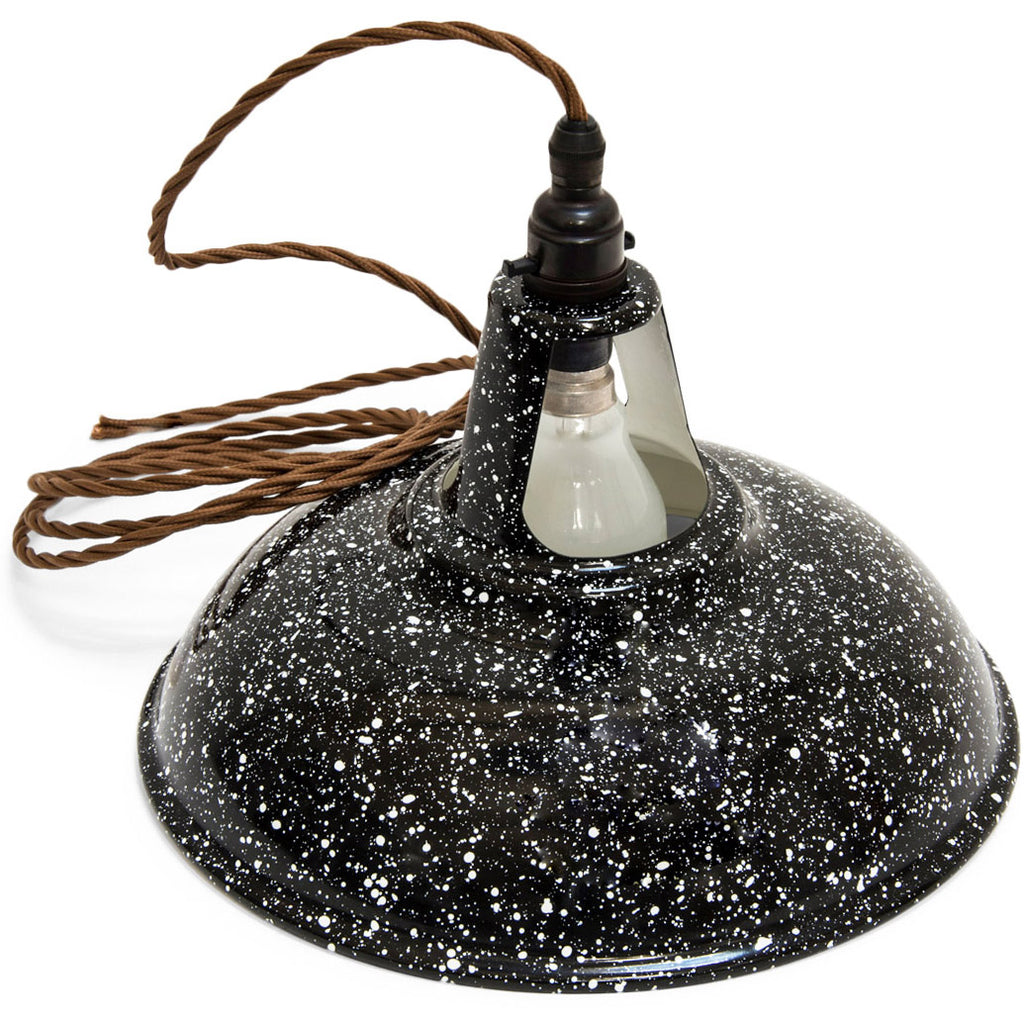 Black spattered enamel pendant  light, fitted with bulb holder, and wired with traditional cloth coated cable and ready to connect.