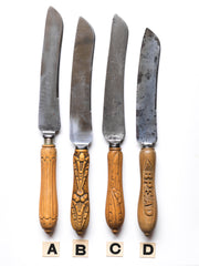A collection of handsome antique Victorian bread knives with carved sycamore and beech handles, and carbon steel engraved blades - one with carved "Bread" handle.