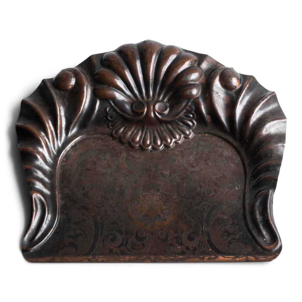 A particularly delightful Victorian tin crumb tray with pressed scallop detailing and tracery.