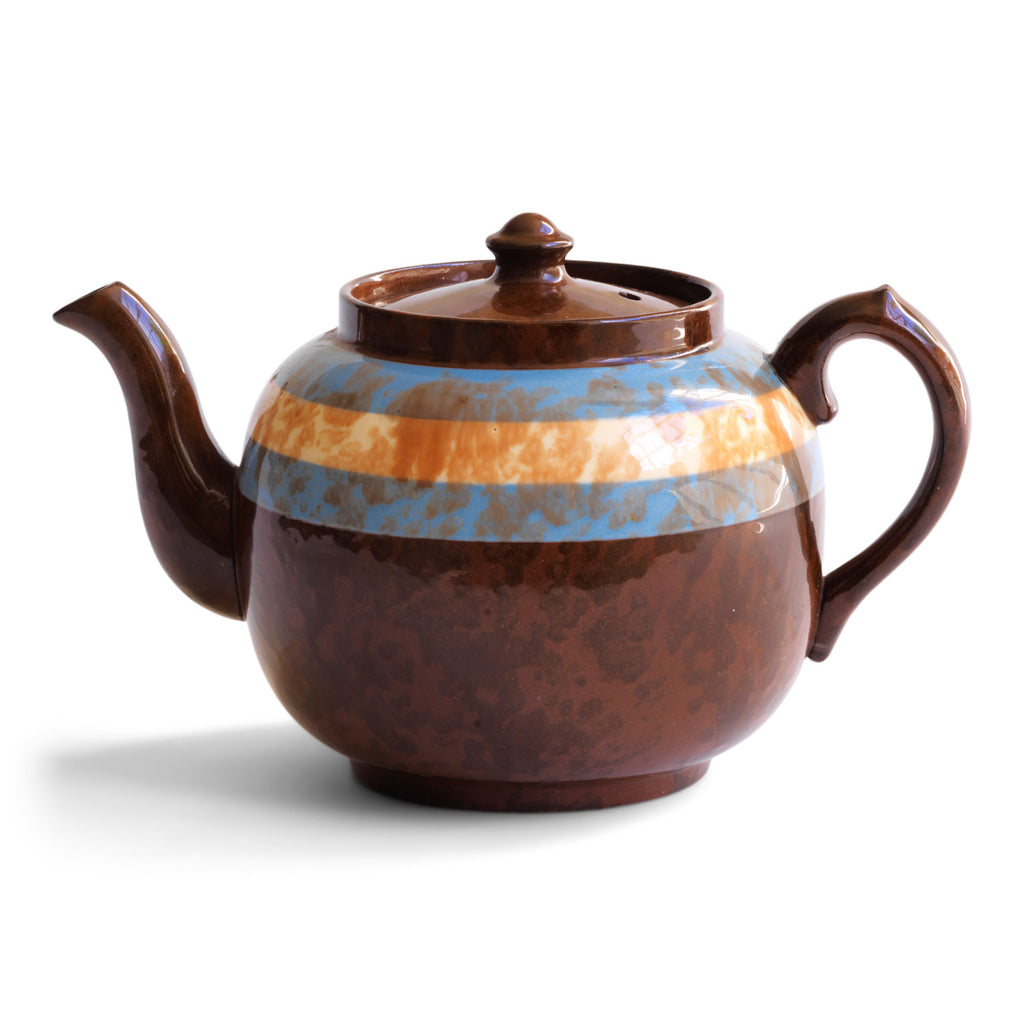 A rare colour-way 6 cup original Brown Betty teapot with blue and white marbled banding.