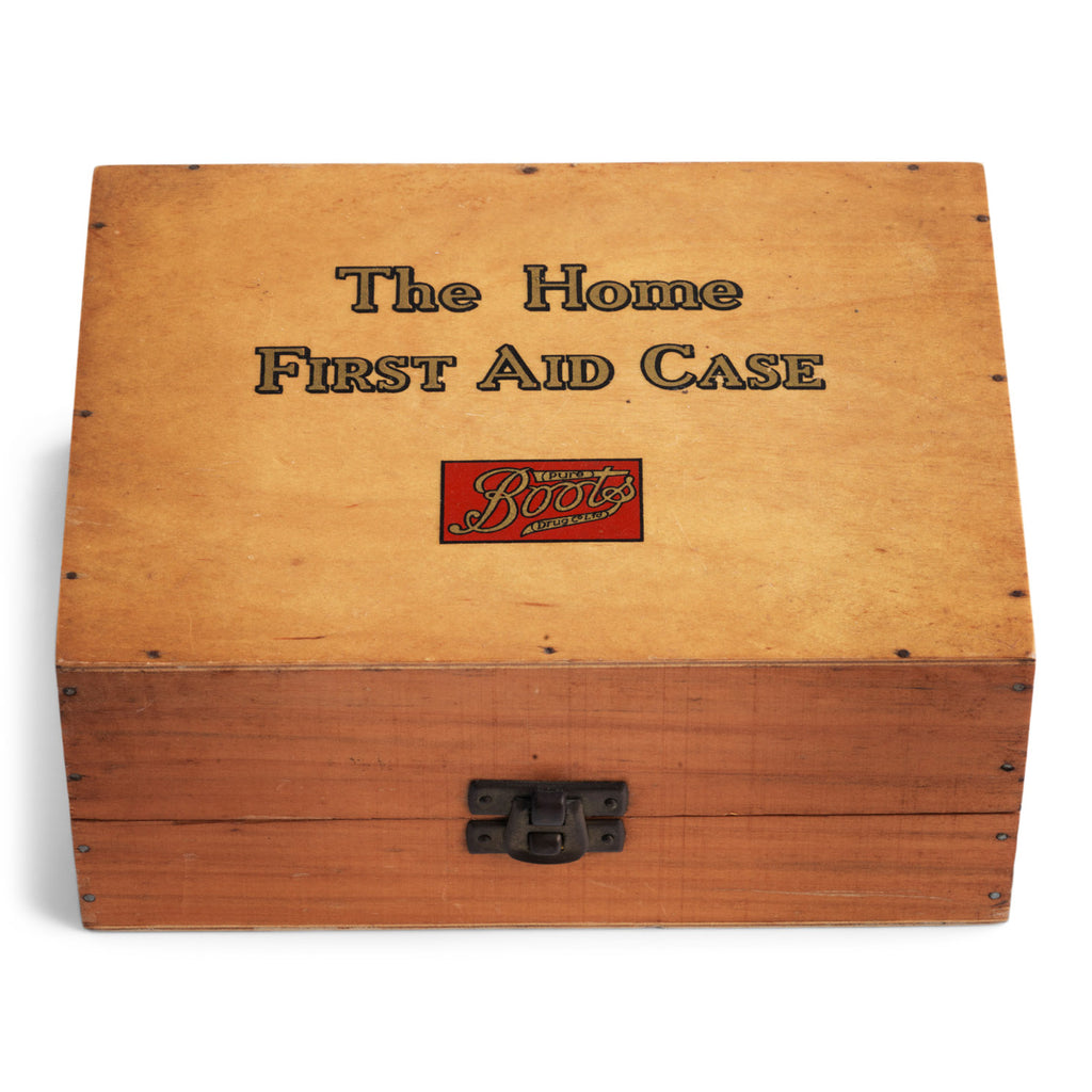 A super cute 1930s first aid box by Boots the Drug Co Ltd - now known as Boots the chemist - and it is complete with internal printed card divisions and contents. The plywood top is stencilled "The Home First Aid Case, Boots", it has a front clasp, and has been barely used.  The condition is wonderful.
