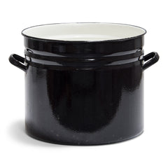 An extra-large industrial black and cream enamel pan that would make a wonderful wastepaper bin, workshop dustbin or shed tidy for holding potting compost or all those bits and bobs that need a handsome home. It also makes a stunning houseplant pot holder.