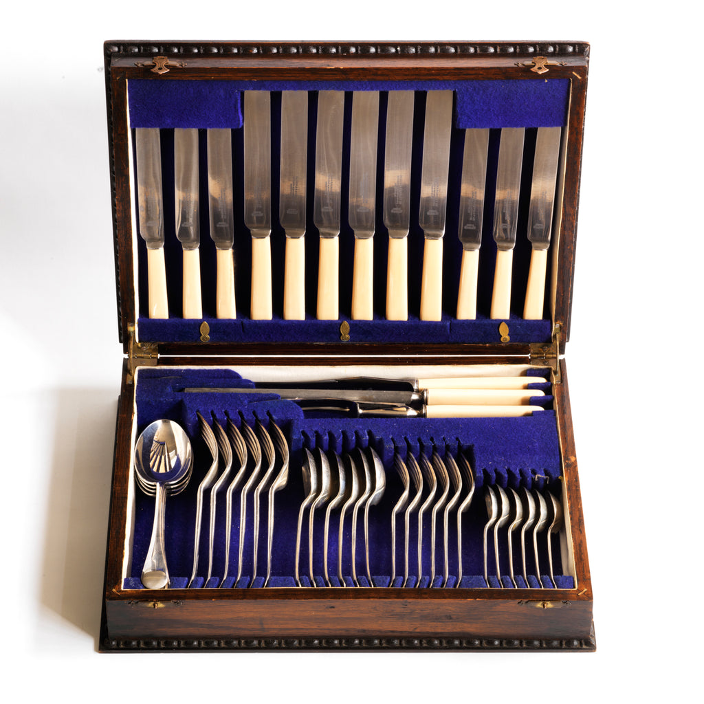 A complete 1930s silver plated 43 piece canteen of cutlery by "Oliver & Bensley Ltd Cutlers & Silversmiths Sheffield". The set is for 6 place settings and is housed in its original blue felt lined box.
