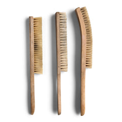 Three very tactile vintage brushes with wood handles and horsehair bristle; ideal for cleaning venetian blinds, the tops of books on book shelves, crumbs from the table, and laptop keyboards. All three can be used for their original use, and they also make wonderful decorative objects for the home.