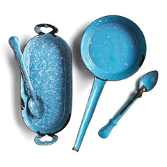 A miniature white speckled blue enamel twin-handled gratin dish or baking dish, and a frying pan; part of an extensive collection of miniature pale blue enamel kitchen ware, previously owned by the miniaturist specialist and collector extraordinaire Joan Dunk.