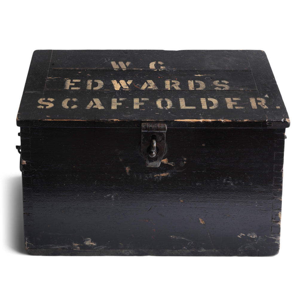 A very handsome black painted box with "W C Edwards Scaffolder" stencilled upon the lid. Simple, yet full of lovely details, this charming scratch-built  box has a hasp with swivel lock, drop handles, dove-tailed corners, and inside, a small division on the lefthand side. Compact, neat and tidy, it's perfect for tools and craft storage.