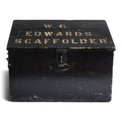 A very handsome black painted box with "W C Edwards Scaffolder" stencilled upon the lid. Simple, yet full of lovely details, this charming scratch-built  box has a hasp with swivel lock, drop handles, dove-tailed corners, and inside, a small division on the lefthand side. Compact, neat and tidy, it's perfect for tools and craft storage.
