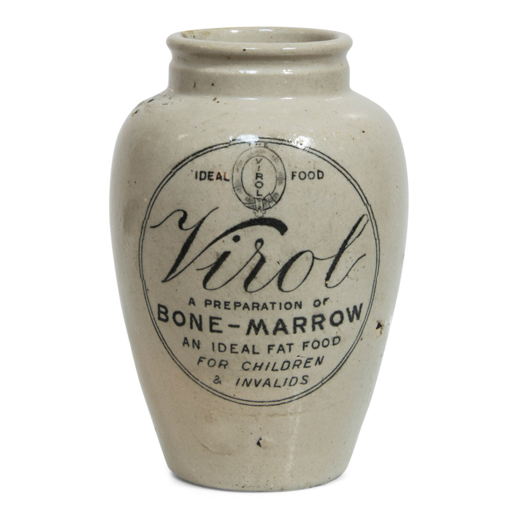 A very striking and extra-large Virol stoneware jar with fine nineteenth century graphics, reading " Virol A Preparation of Bone Marrow An Ideal Fat Food For Children & Invalids".