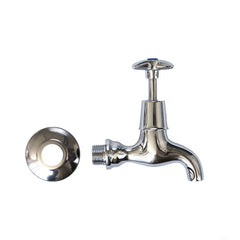 A handsome pair of wall-mounted chrome plated bib taps, each marked with a red and blue dot to denote the hot and the cold. 