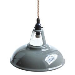 Our traditional enamelled workshop pendant light is all fitted, wired and ready to go.  It makes a very handsome addition to any room and is particularly practical when suspended low over a desk, table or kitchen work surface, as it is fitted with a handy on/off switch.