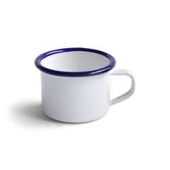 White enamel espresso cup with a blue rim