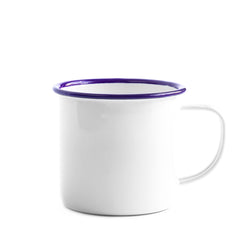 A white enamel mug with a blue rim