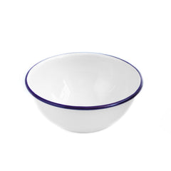A white enamel salad bowl with a blue rim