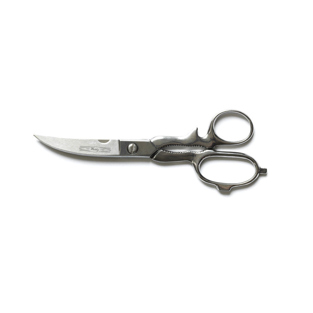 Hand-forged, stainless steel and dishwasher safe, our bespoke A G Hendy & Co all-purpose kitchen scissors are made in Sheffield and are an all-round winner.  The offset handles provide a very comfortable grip and the curved blades extra strength, coupled with a notch for anchoring bones, when used as poultry shears.  The micro-serrated blade will not blunt, adds extra grip and will swiftly cut through all meat, plastic, string and film.